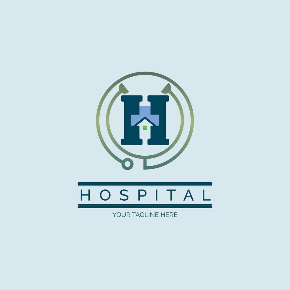 disegno del modello di logo medico dello stetoscopio della casa della lettera h dell'ospedale per il marchio o l'azienda e altro vettore
