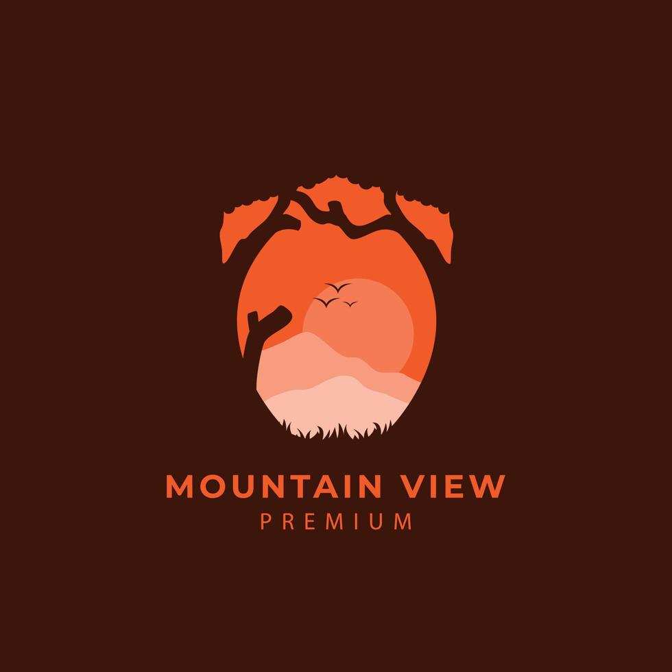 illustrazione del logo della foresta di montagna con ispirazione per il design di vettore all'aperto al tramonto