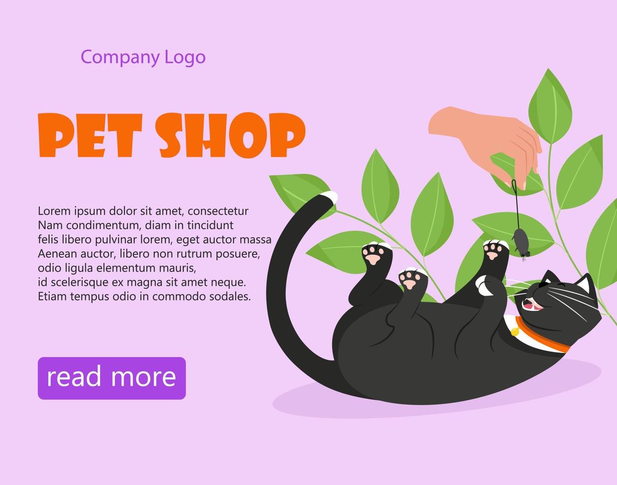 striscione negozio di animali. gatto nero con un collare. illustrazione vettoriale in stile piatto