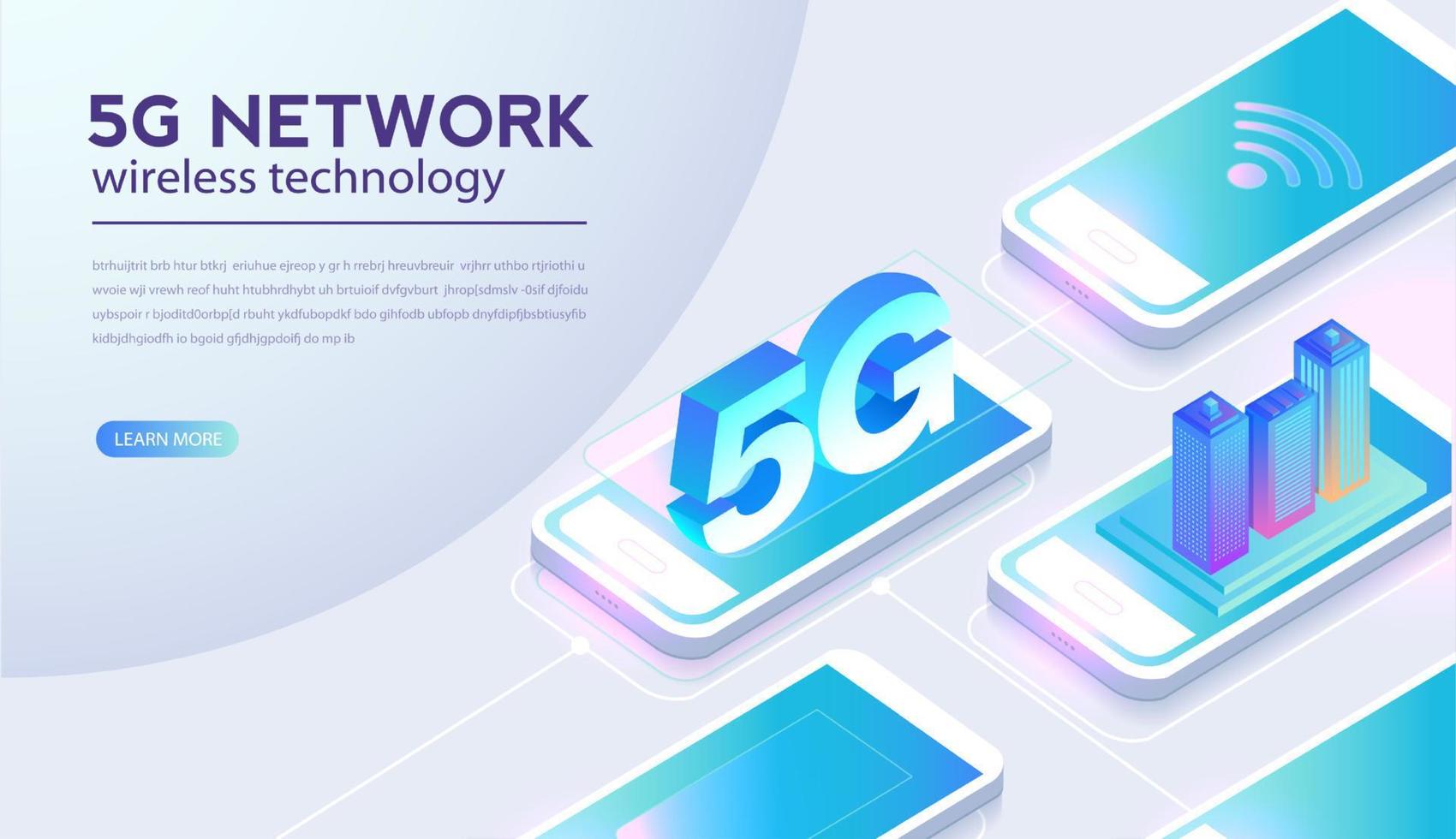 illustrazione vettoriale della tecnologia wireless di rete 5g. Internet mobile ad alta velocità di prossima generazione. utilizzando moderni dispositivi digitali. modello di struttura della pagina web.