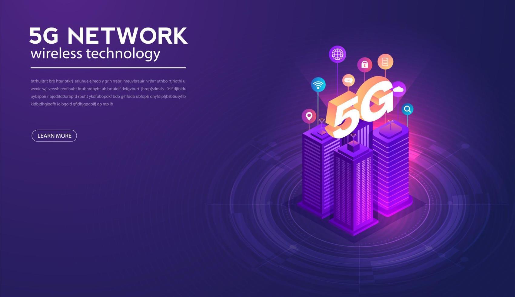 illustrazione vettoriale della tecnologia wireless di rete 5g. Internet mobile ad alta velocità di prossima generazione. utilizzando moderni dispositivi digitali. modello di struttura della pagina web.