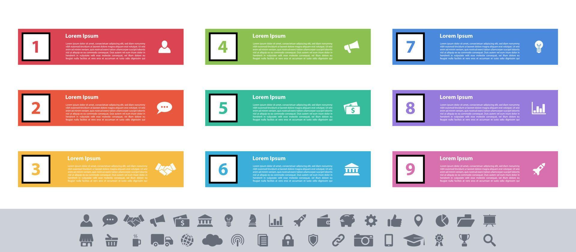 illustrazione vettoriale del concetto di business di progettazione infografica con 9 passaggi o opzioni o processi rappresentano il flusso di lavoro o il diagramma o il banner del pulsante web