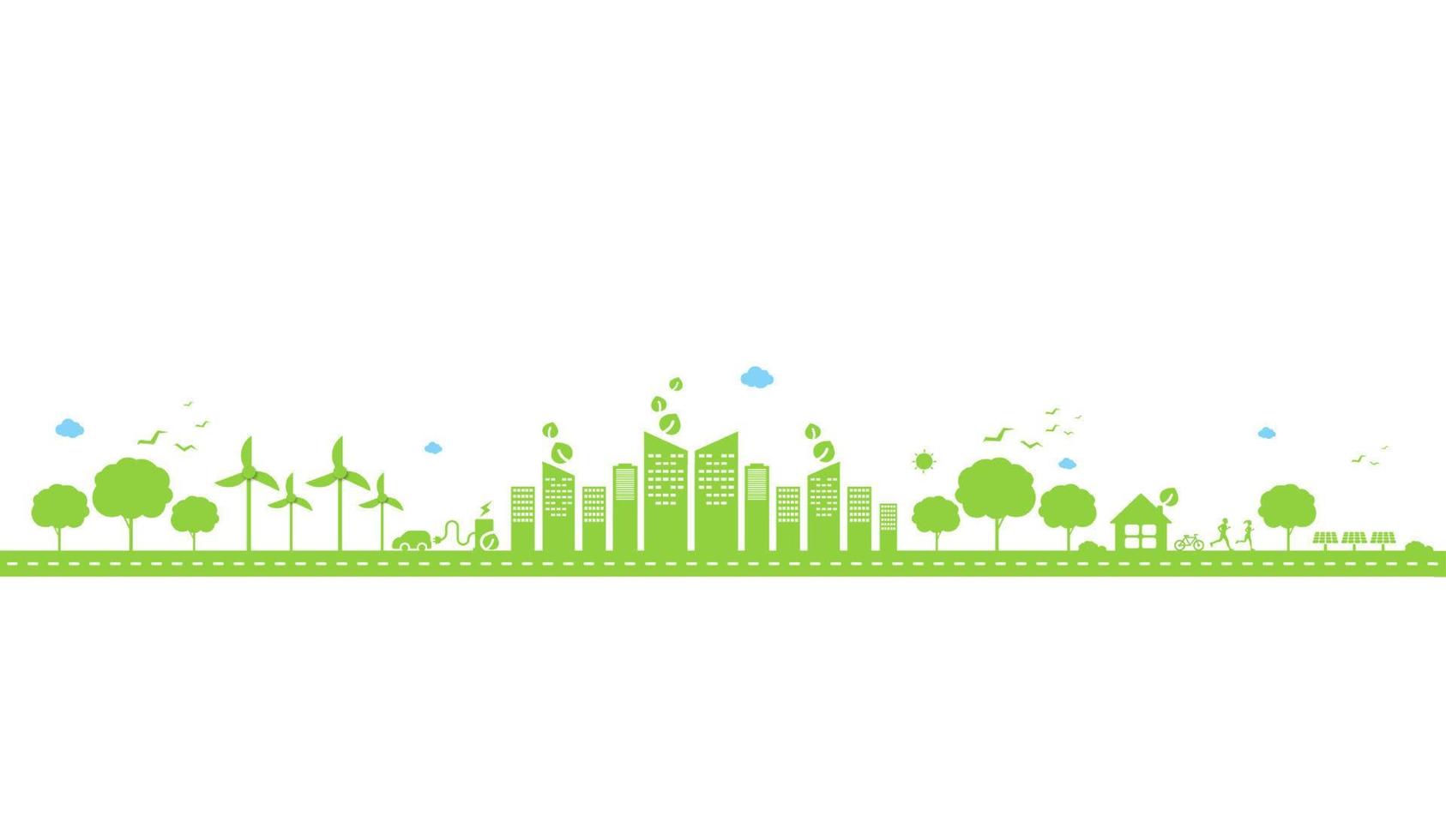 tecnologia ecologica o concetto ambientale moderna città verde e foglie di piante che crescono all'interno. stile di vita urbano ecologico con icone sulla connessione di rete. disegno vettoriale