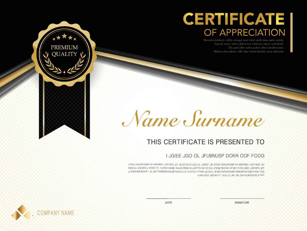 modello di certificato di diploma colore nero e oro con immagine vettoriale di lusso e stile moderno