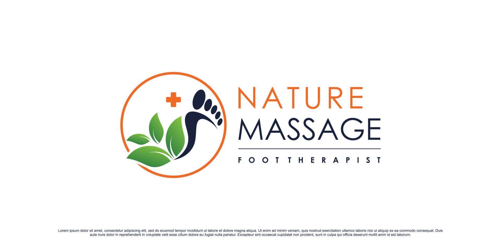 design del logo della terapia di massaggio del piede con elemento foglia e vettore premium di concetto unico
