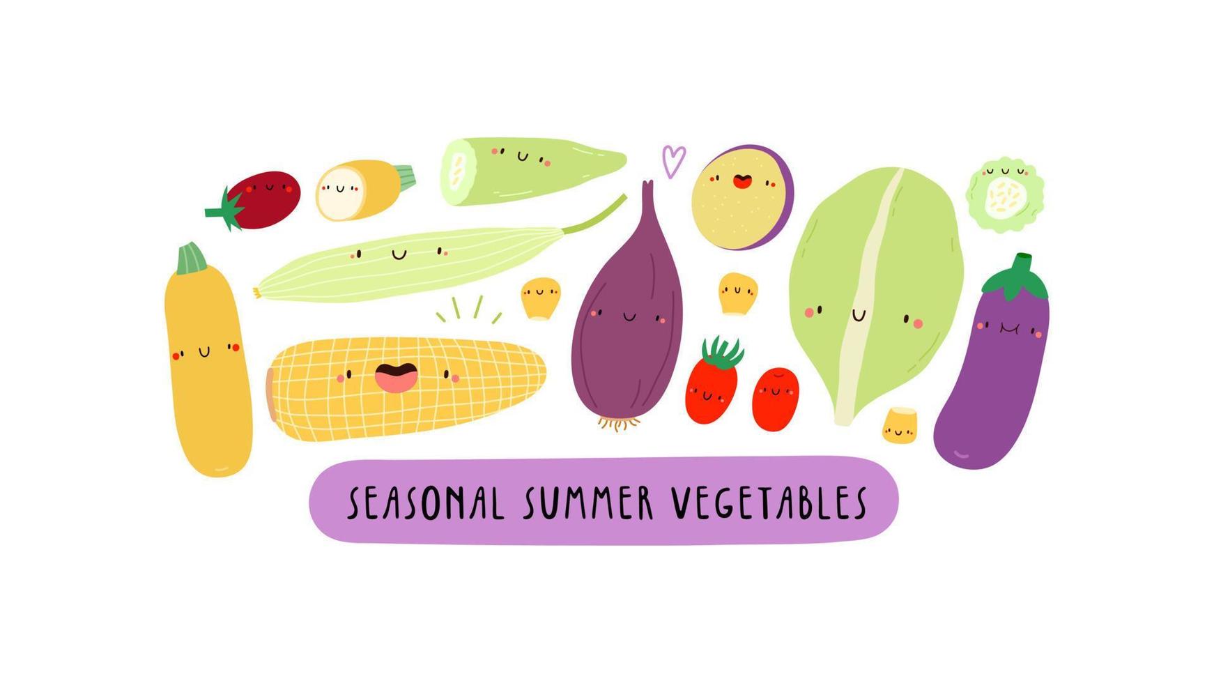 illustrazione super carina - verdure estive di stagione. raccolta disegnata a mano di diverse verdure con faccine. set di caratteri di cibo sano vettore
