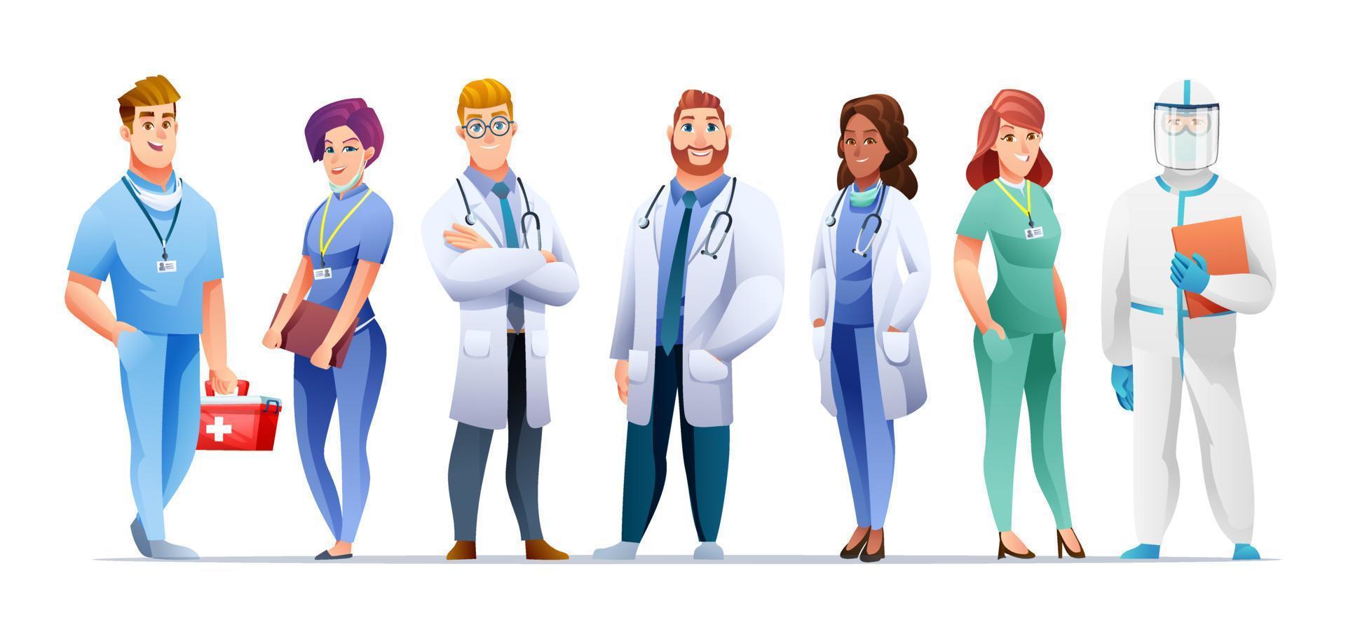 set di personaggi dei cartoni animati di medico e infermiere vettore