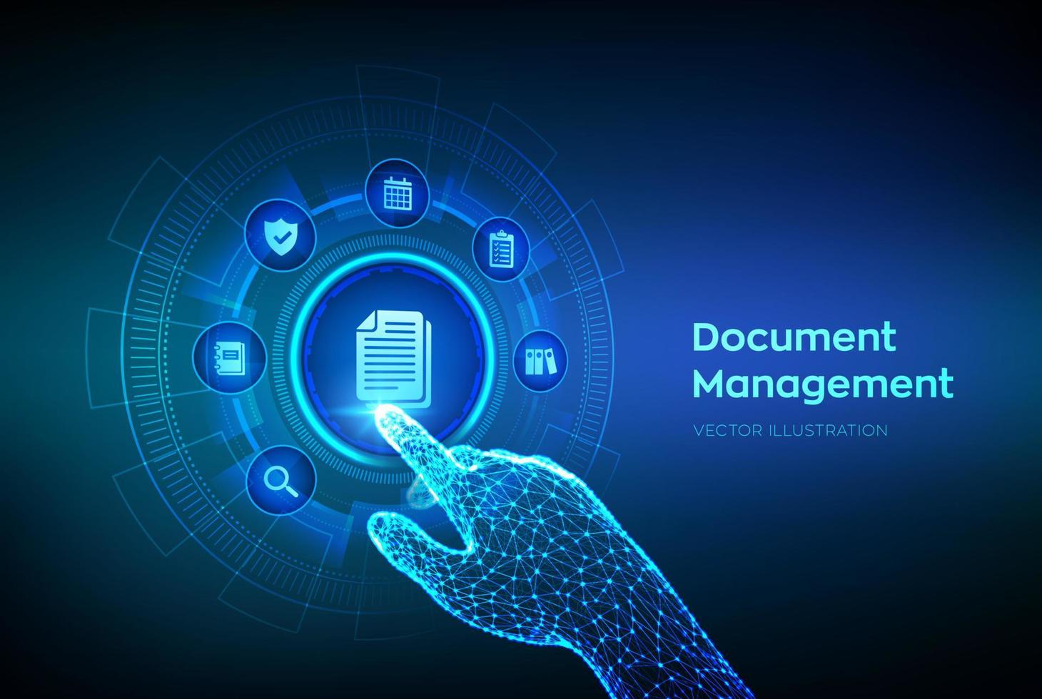 dm. sistema di dati di gestione dei documenti. sistema di gestione dei dati aziendali. protezione dei dati personali. concetto di tecnologia internet aziendale. interfaccia digitale commovente della mano robotica. illustrazione vettoriale. vettore