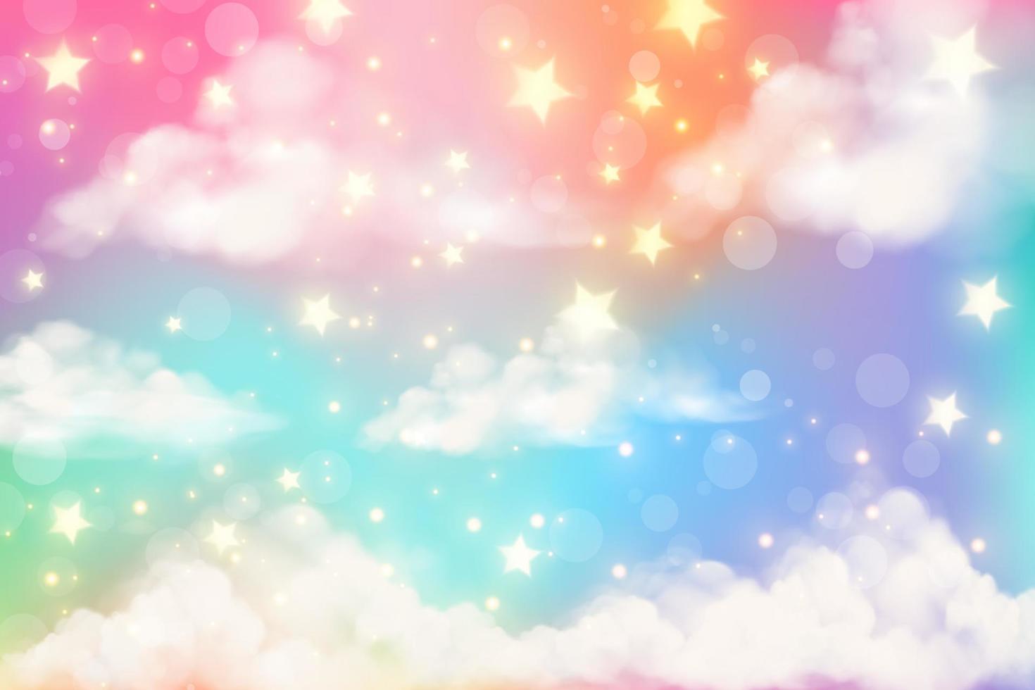 sfondo arcobaleno realistico di fantasia con nuvole in colori pastello. carta da parati carina cartone animato unicorno. paesaggio vettoriale fatato.