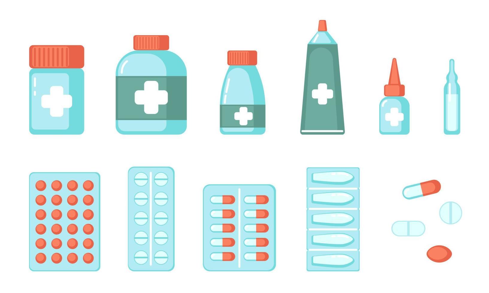 set di farmaci farmaceutici isolato su sfondo bianco. pillole e fiale. illustrazione vettoriale d'archivio in stile piatto.