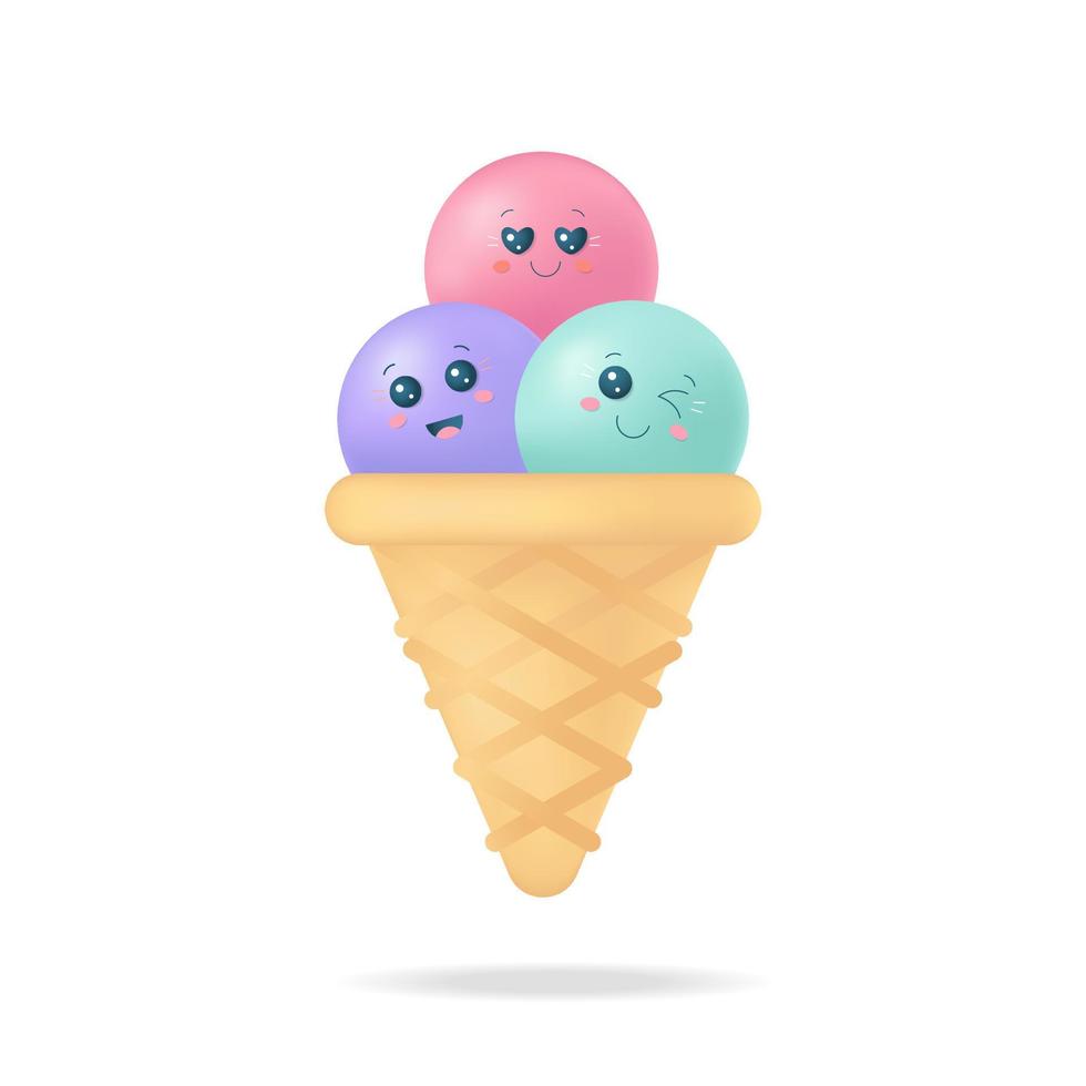 cono gelato simpatico cartone animato 3d con emozioni facciali. illustrazione di riserva di vettore. vettore