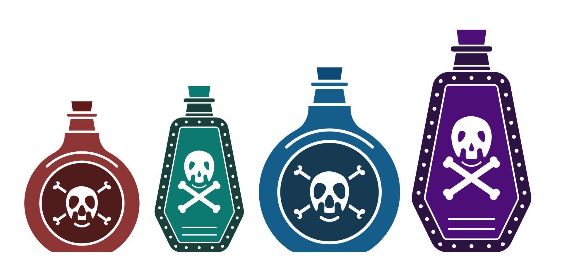 set di icone vettoriali bottiglia veleno o sostanze chimiche velenose con ossa incrociate per app o siti Web
