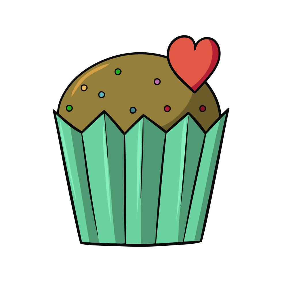 Cupcake al cioccolato con briciole di zucchero rotonde multicolori e un cuore, illustrazione vettoriale in stile cartone animato su sfondo bianco
