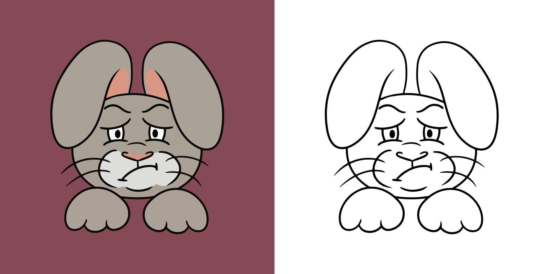 serie orizzontale di immagini, coniglio grigio arrabbiato, lepre scontenta, illustrazione vettoriale in stile cartone animato per libro da colorare