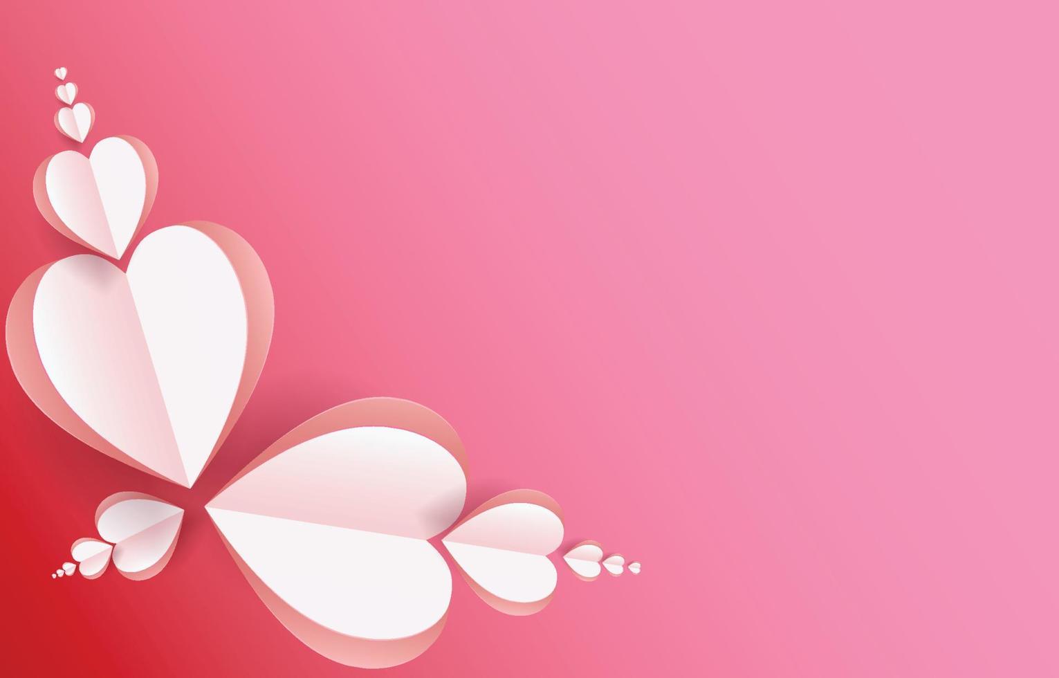 elementi tagliati in carta a forma di cuore che volano su sfondo rosa e dolce. simboli vettoriali d'amore per il design della cartolina d'auguri di San Valentino, compleanno o festa della mamma.