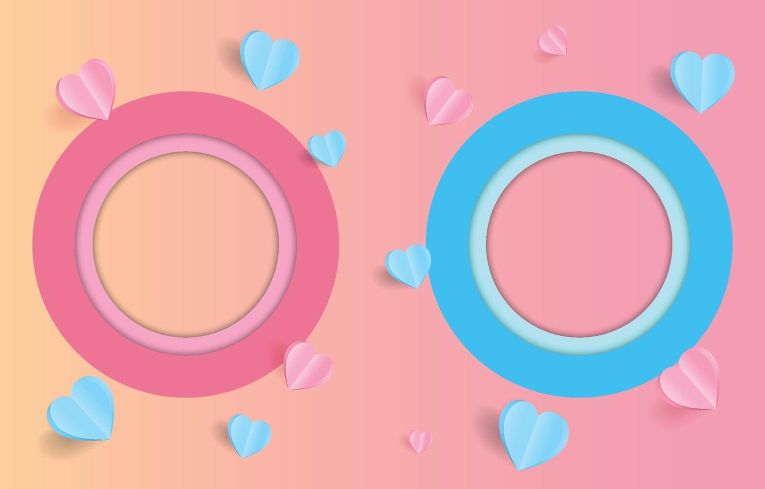 elementi tagliati in carta a forma di cuore con cornice a due cerchi con un saluto su sfondo rosa e dolce. simboli vettoriali di amore per le coppie, buon San Valentino, biglietto di auguri.