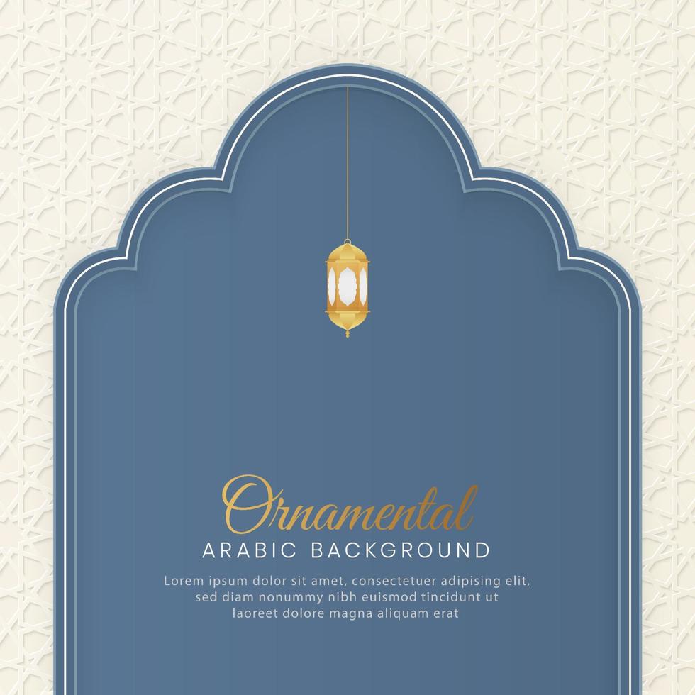 sfondo arabo islamico blu e bianco con cornice di confine e bella lanterna ornamentale vettore