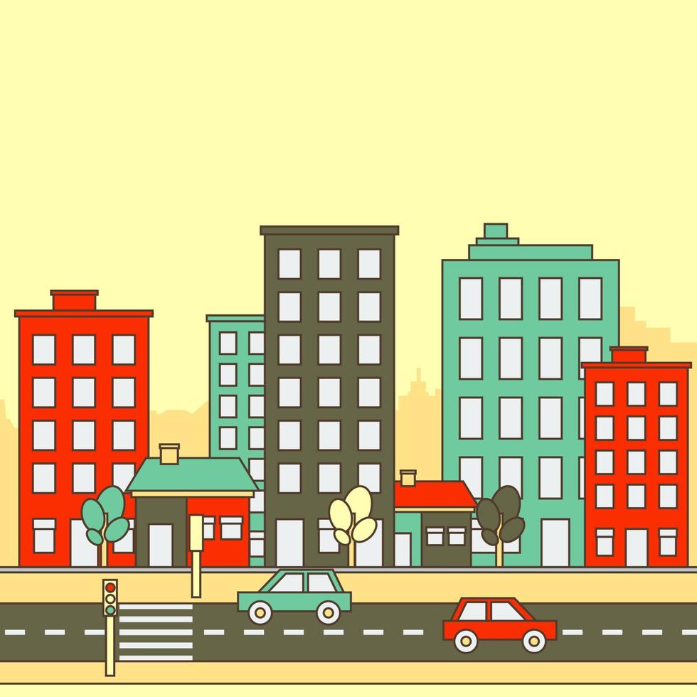 illustrazione vettoriale di città retrò urbana delineata in stile cartone animato in stile piatto modificabile per l'ambiente di vita urbano correlato o illustrazione per bambini