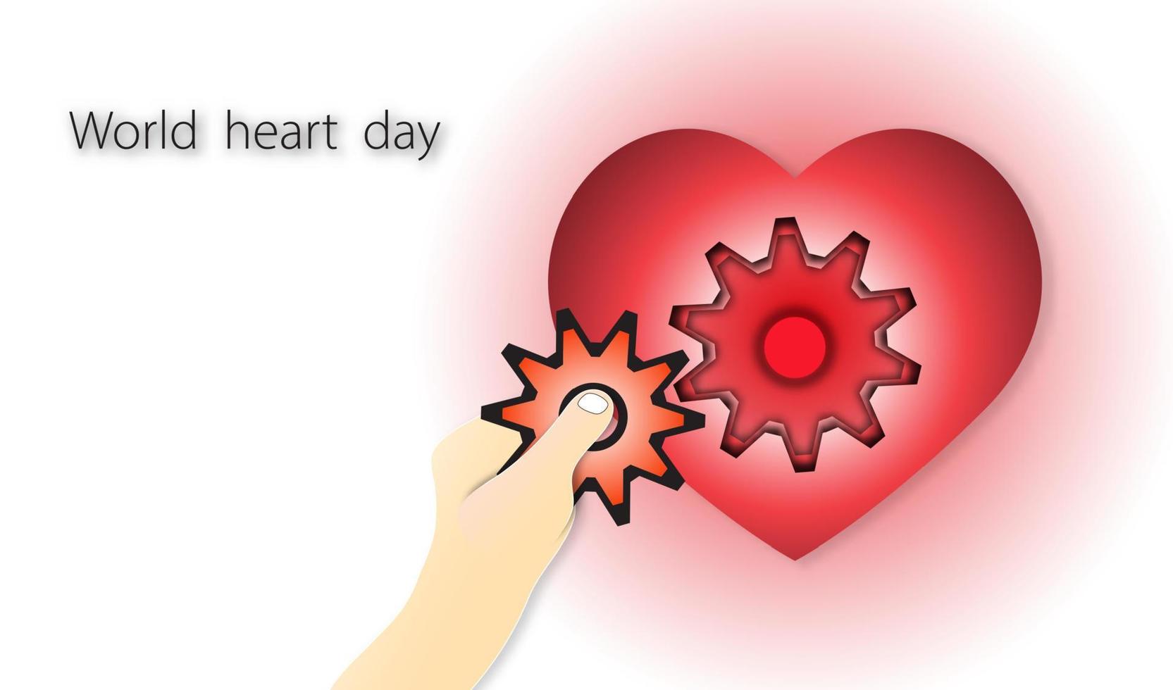 giornata mondiale del cuore con il cuore e la mano che tiene ingranaggio su sfondo rosso di carta in stile arte, vettore o illustrazione con il concetto di amore per la salute