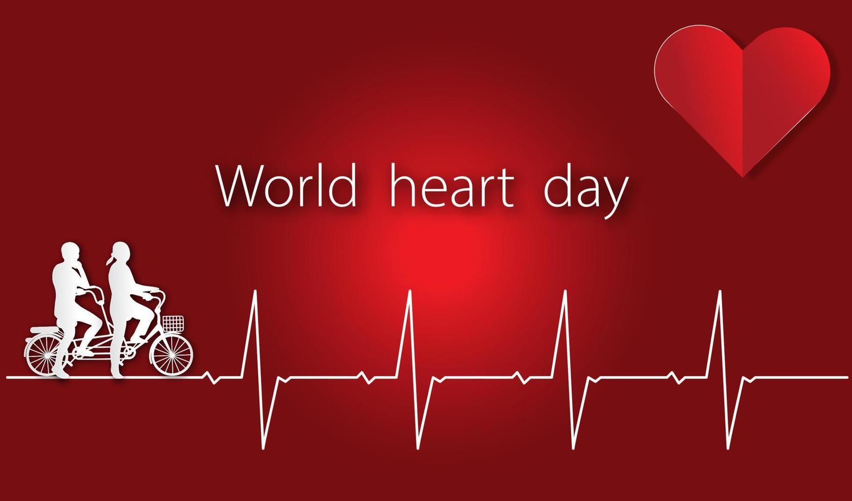 giornata mondiale del cuore con cuore e polso e ciclista su sfondo rosso di carta in stile arte, vettore o illustrazione con il concetto di amore per la salute