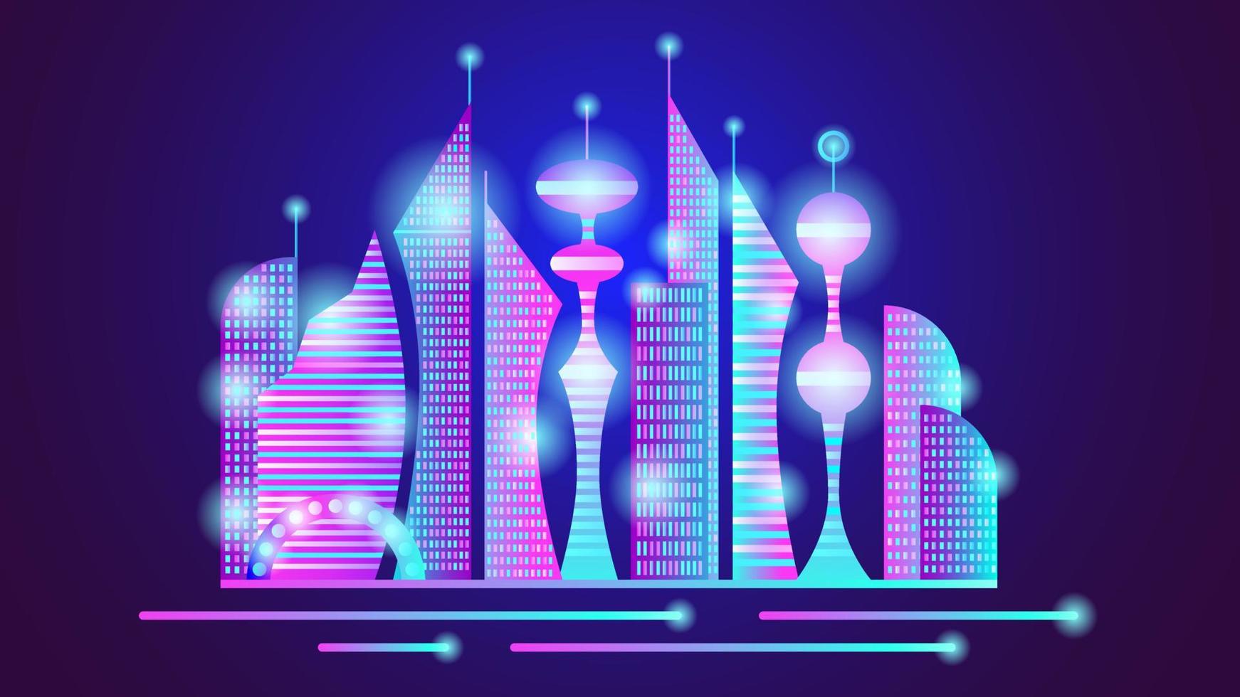 città di notte astratta futuristica al neon. illustrazione di riserva di vettore. vettore