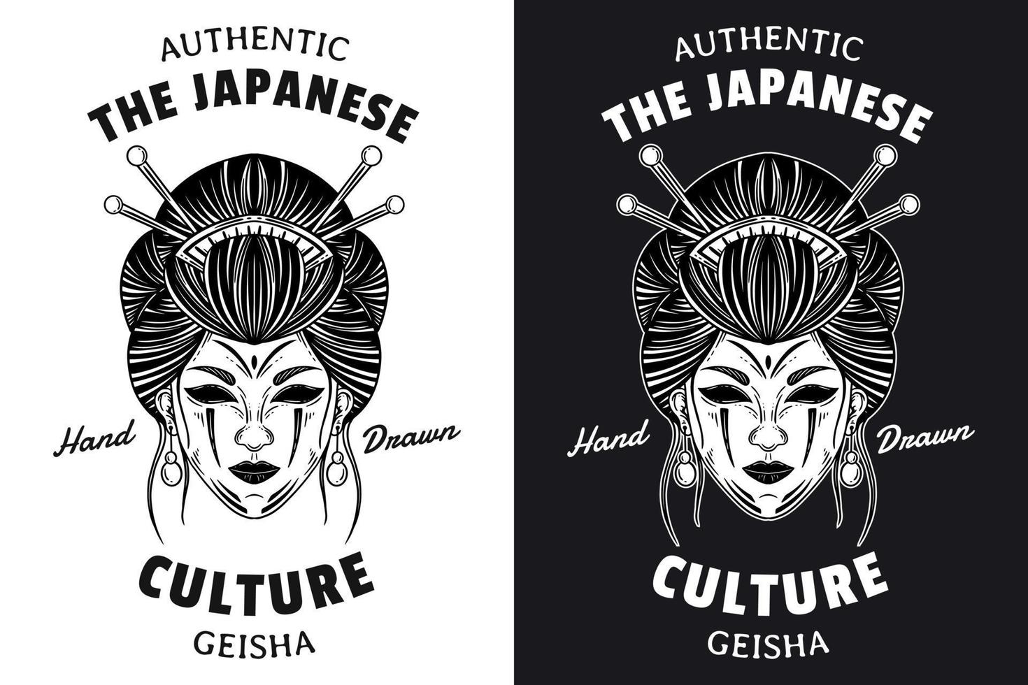 set arte oscura donne giapponese geisha testa maschera teschio tatuaggio vintage disegnato a mano stile incisione vettore