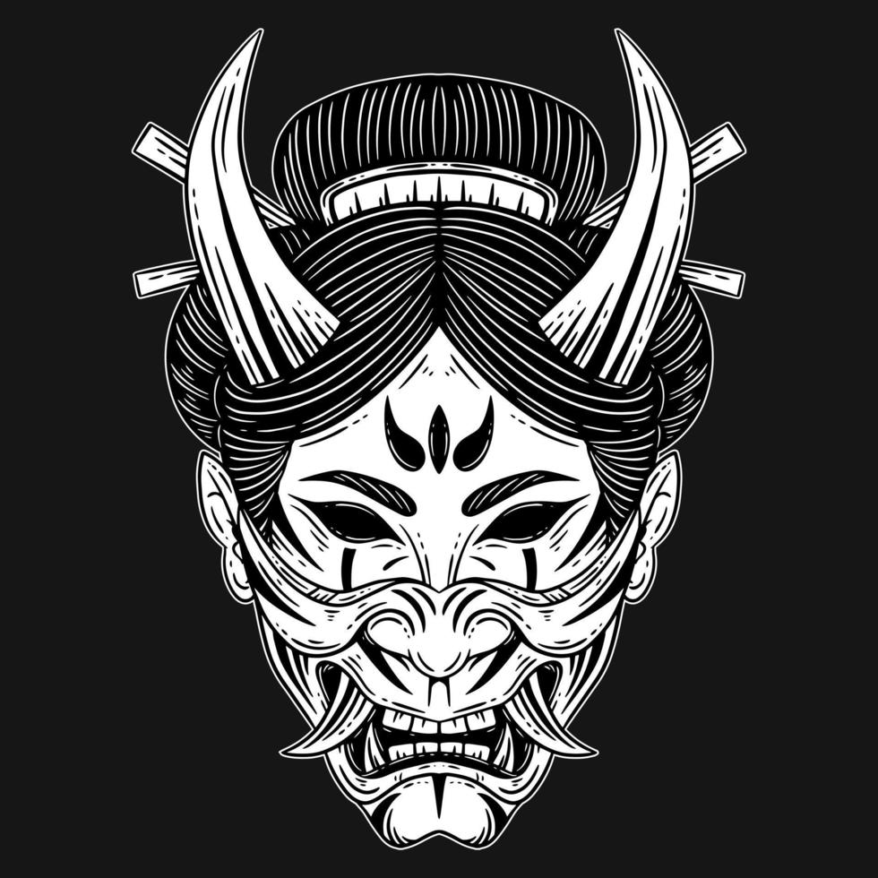 arte oscura orrore giapponese geisha ragazza con diavolo maschera viso tatuaggio disegnato a mano stile incisione vettore