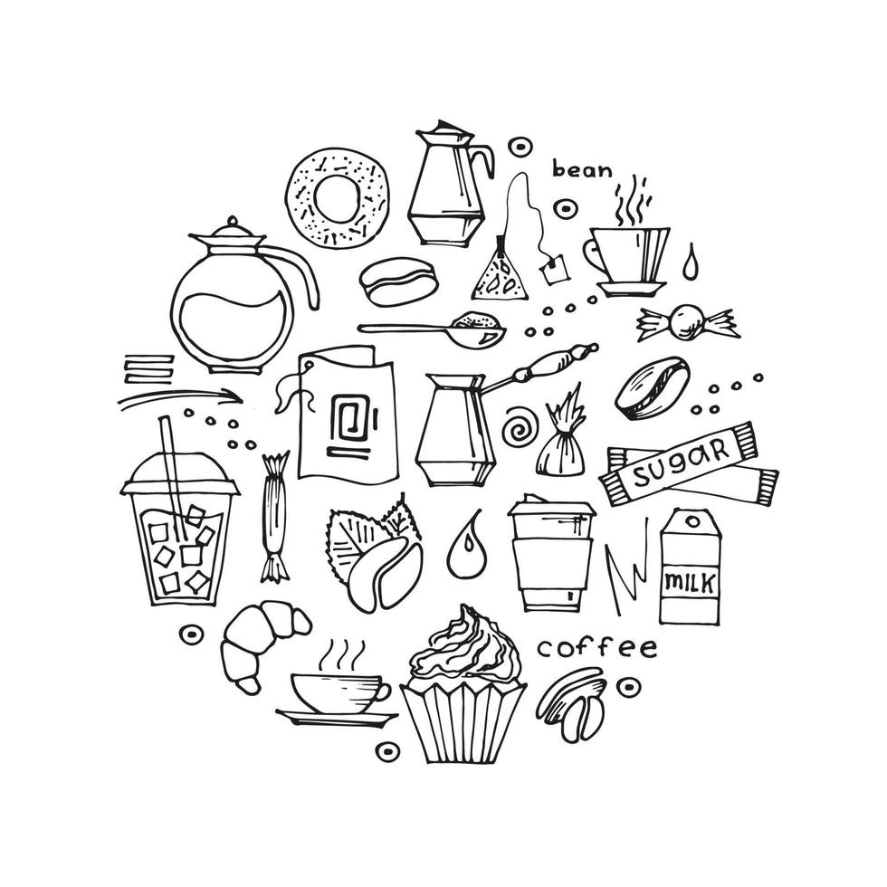set di caffè disegnati a mano scarabocchi bevande, dessert, fagioli e altri oggetti correlati. sfondo dell'illustrazione dello schizzo vettoriale