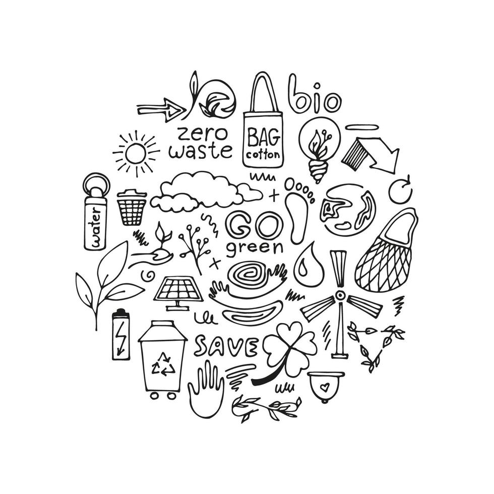 set disegnato a mano stile di vita zero rifiuti. illustrazione di doodle di vettore. ecologia e sfondo naturale. vettore