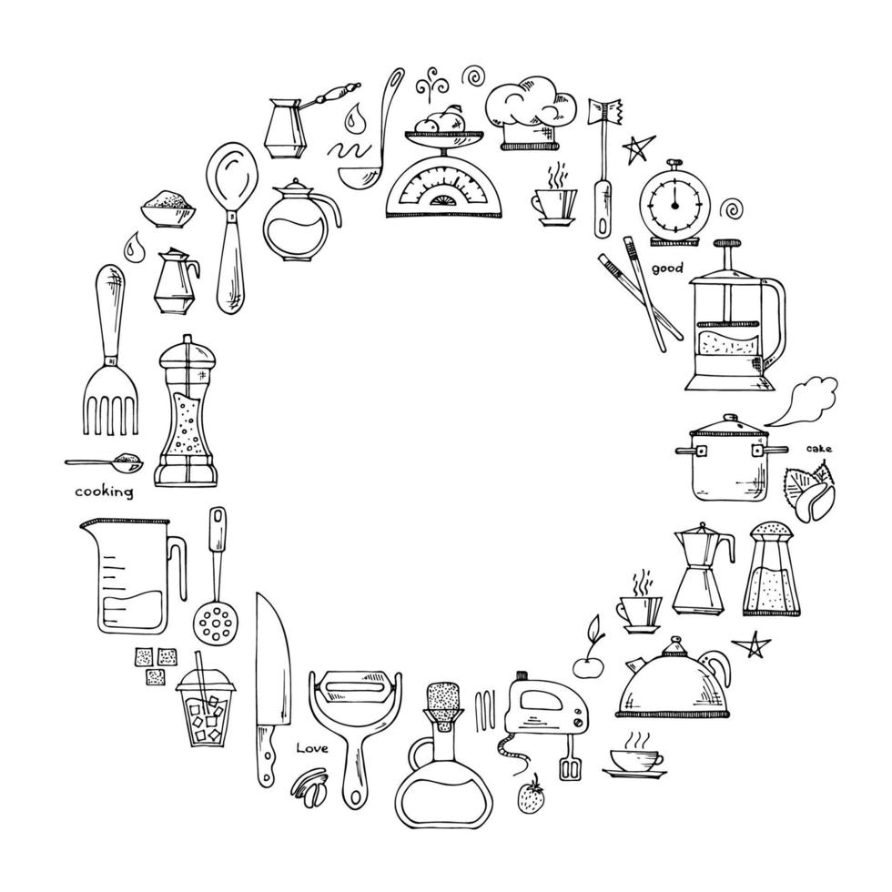 sfondo vettoriale di utensili da cucina. attrezzature da cucina doodle disegnato a mano. illustrazione per il menu del ristorante, il ricettario e lo sfondo.