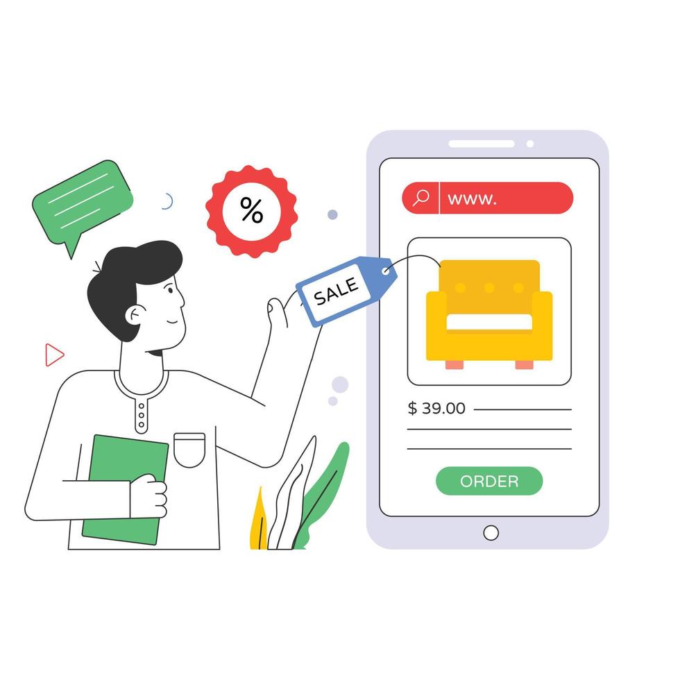 un'illustrazione piatta dell'acquisto da dispositivi mobili per il Web e le app vettore