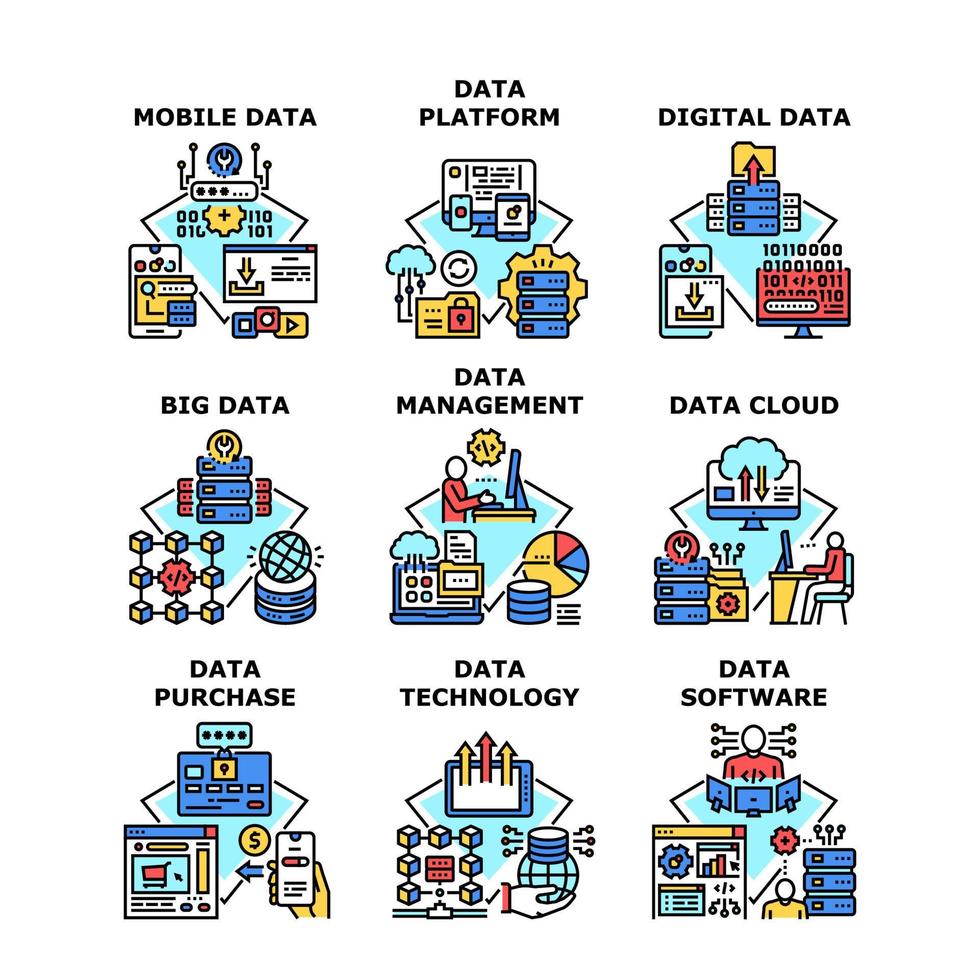 tecnologia dati imposta icone illustrazioni vettoriali