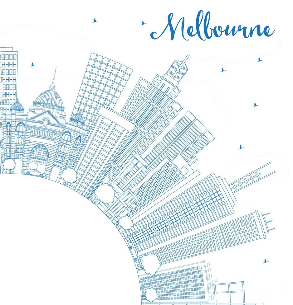 delineare lo skyline di melbourne con edifici blu. vettore