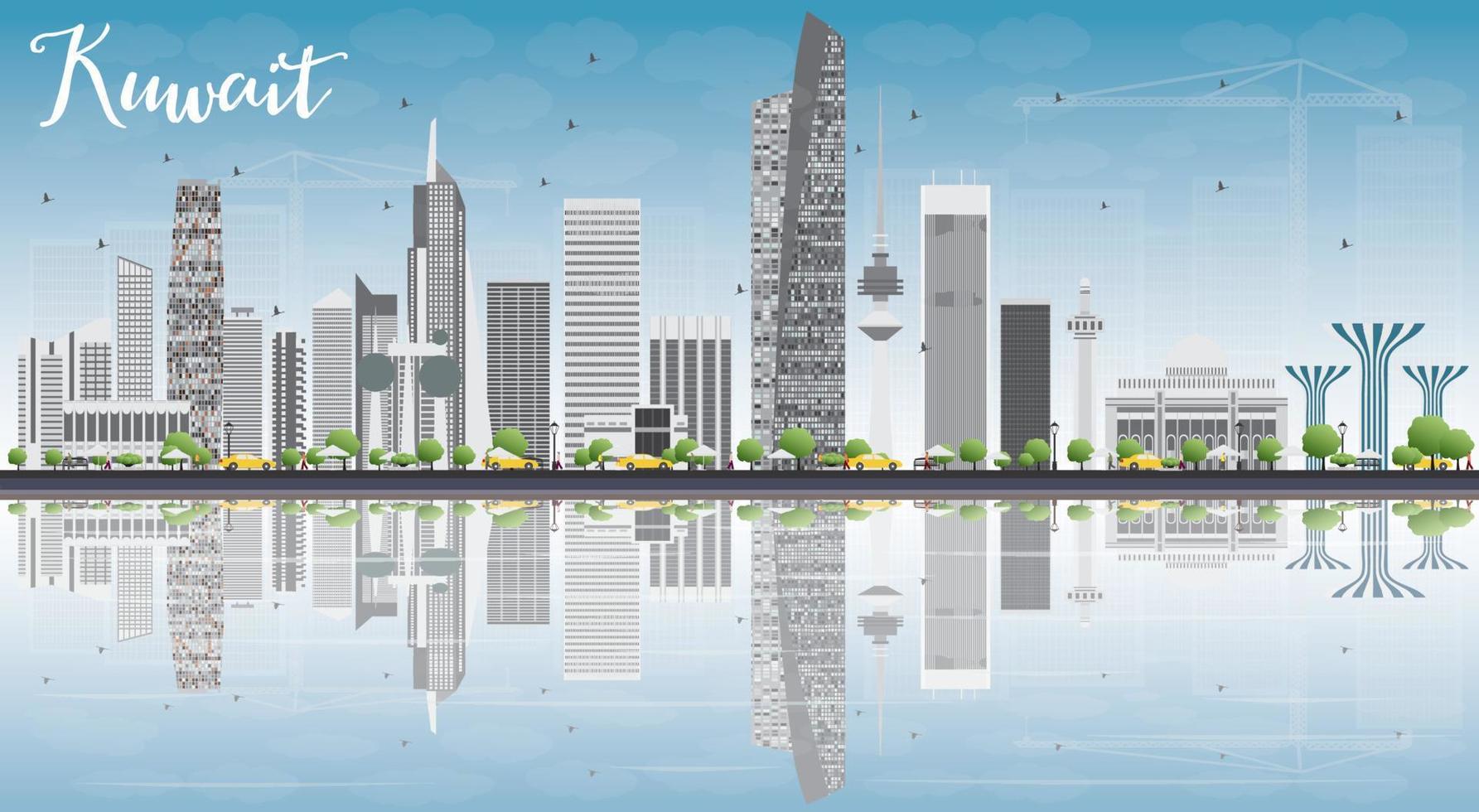 skyline della città del kuwait con edifici grigi, cielo blu e riflessi. vettore