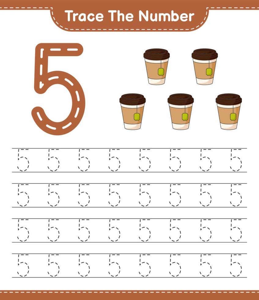 rintracciare il numero. numero di tracciamento con tazza da tè. gioco educativo per bambini, foglio di lavoro stampabile, illustrazione vettoriale