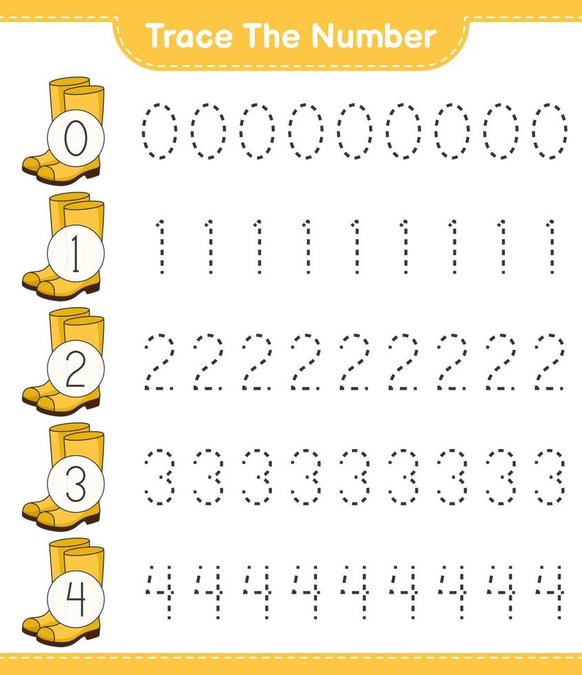 rintracciare il numero. numero di traccia con stivali di gomma. gioco educativo per bambini, foglio di lavoro stampabile, illustrazione vettoriale