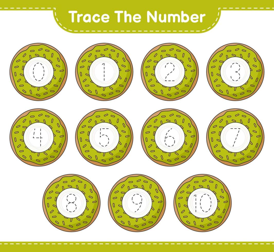 rintracciare il numero. numero di tracciamento con ciambella. gioco educativo per bambini, foglio di lavoro stampabile, illustrazione vettoriale