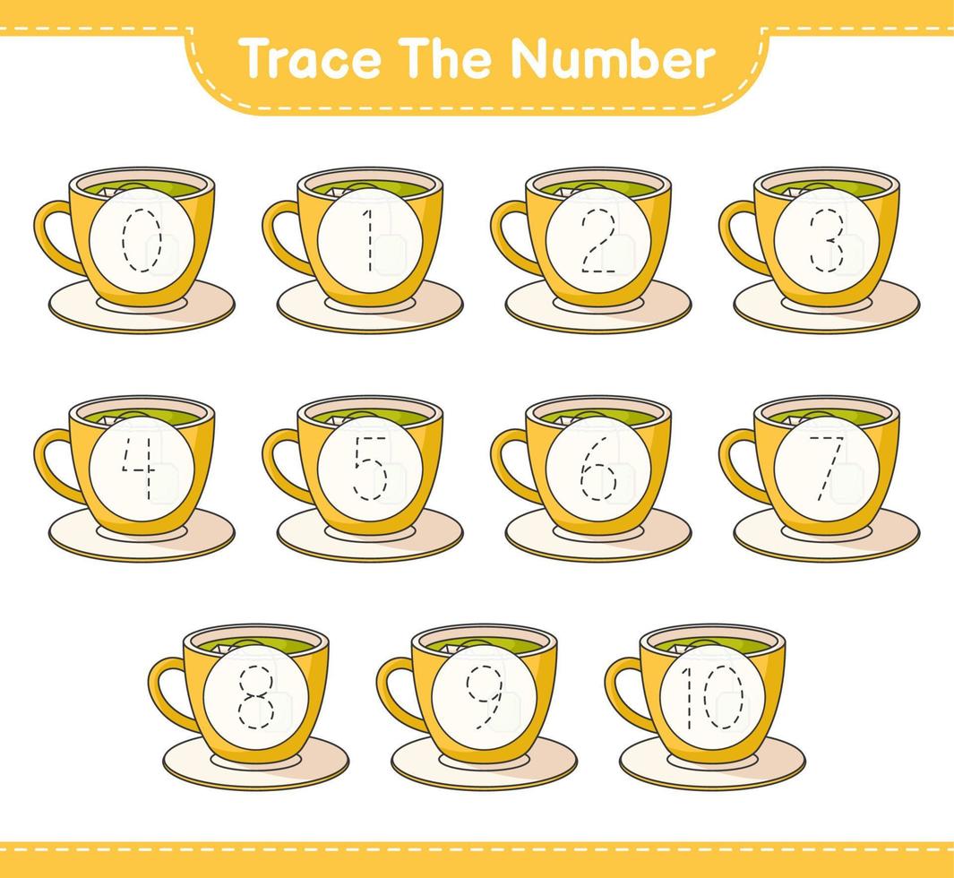 rintracciare il numero. numero di tracciamento con tazza da tè. gioco educativo per bambini, foglio di lavoro stampabile, illustrazione vettoriale