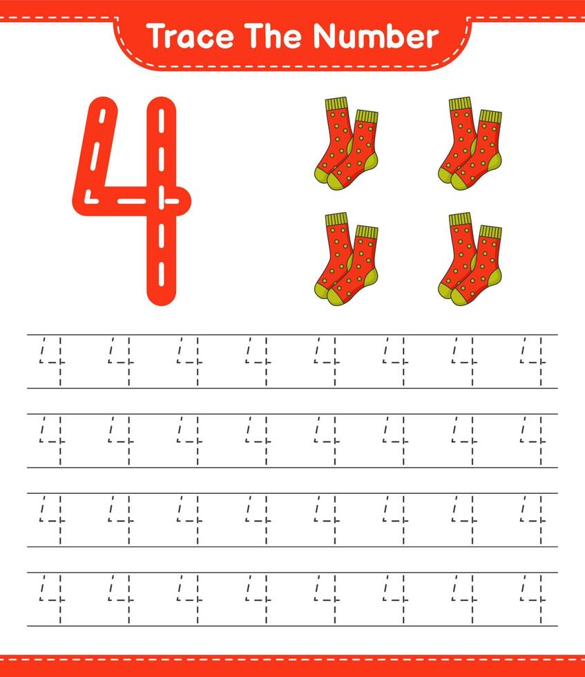 rintracciare il numero. numero di tracciamento con calzini. gioco educativo per bambini, foglio di lavoro stampabile, illustrazione vettoriale