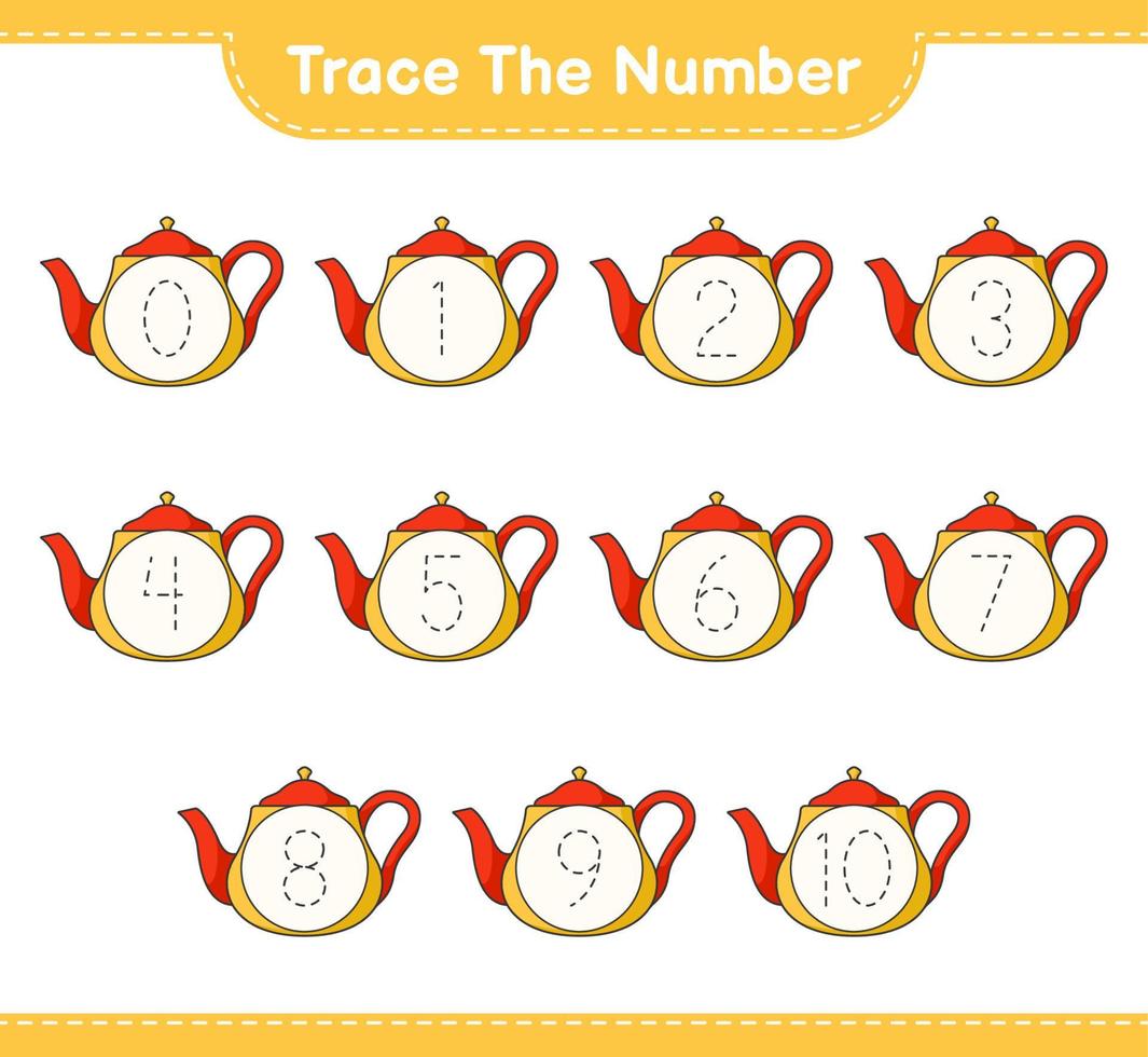 rintracciare il numero. numero di tracciamento con teiera. gioco educativo per bambini, foglio di lavoro stampabile, illustrazione vettoriale