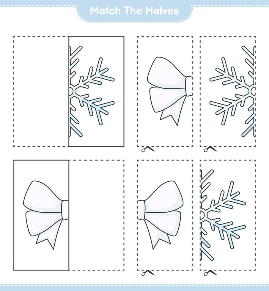 abbinare le metà. abbinare le metà del fiocco di neve e del nastro. gioco educativo per bambini, foglio di lavoro stampabile, illustrazione vettoriale