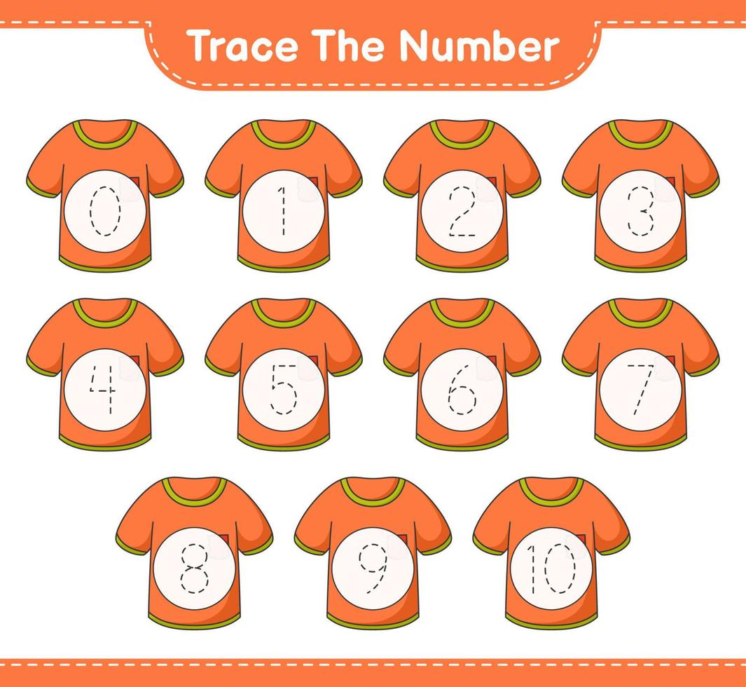 rintracciare il numero. numero di tracciamento con t-shirt. gioco educativo per bambini, foglio di lavoro stampabile, illustrazione vettoriale