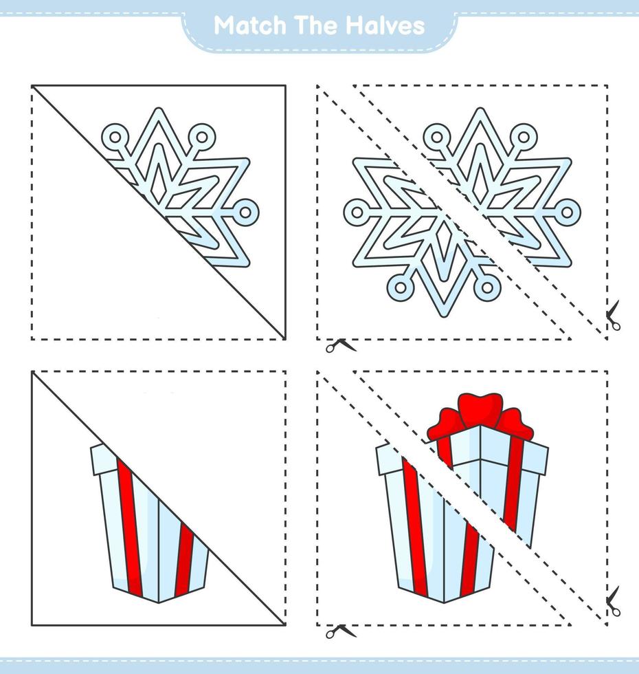 abbinare le metà. abbinare le metà del fiocco di neve e la confezione regalo. gioco educativo per bambini, foglio di lavoro stampabile, illustrazione vettoriale