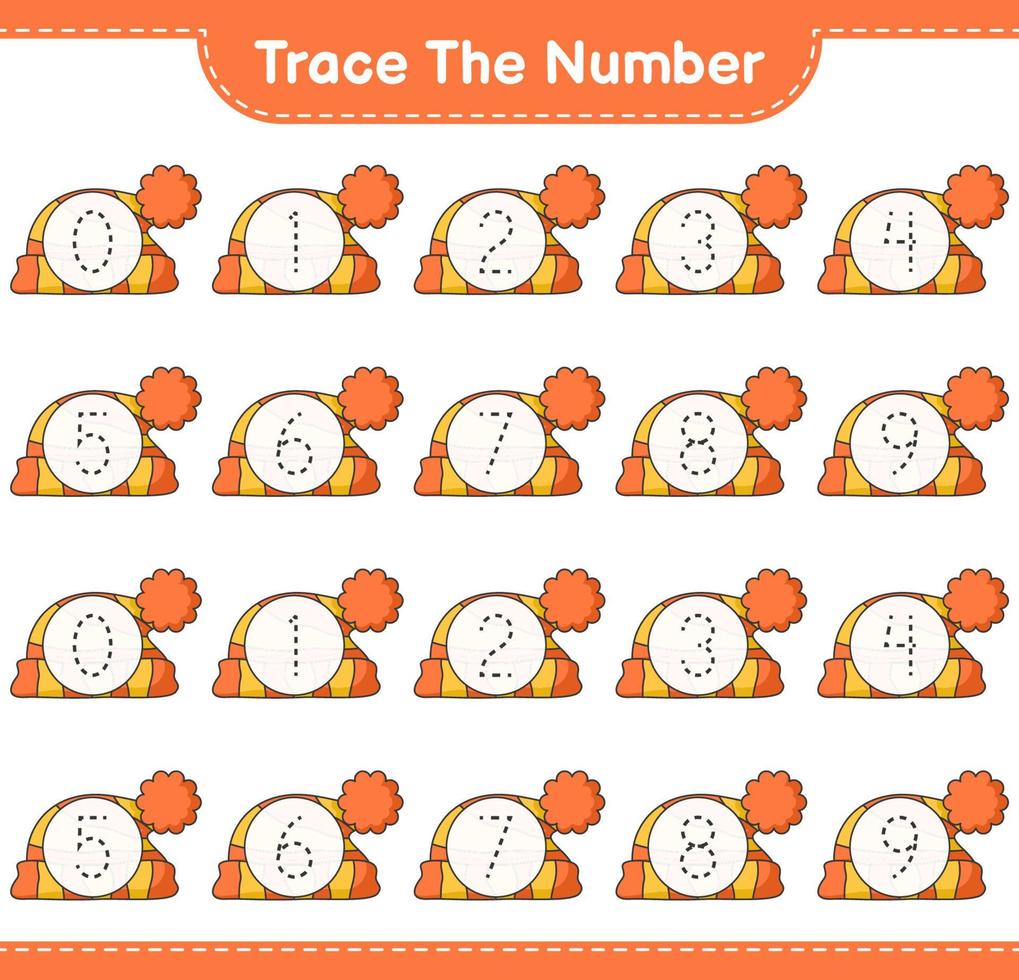 rintracciare il numero. numero di tracciamento con cappello. gioco educativo per bambini, foglio di lavoro stampabile, illustrazione vettoriale