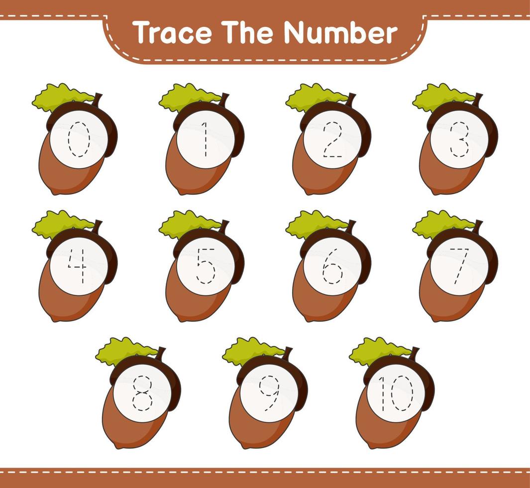 rintracciare il numero. numero di traccia con ghianda. gioco educativo per bambini, foglio di lavoro stampabile, illustrazione vettoriale