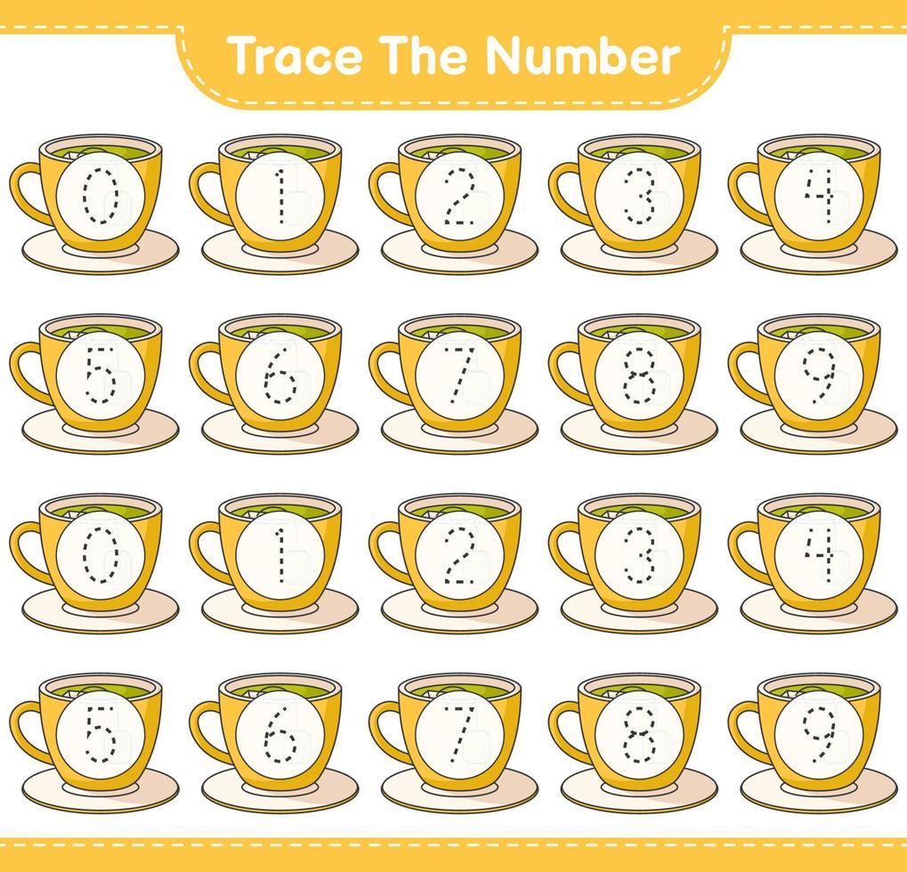 rintracciare il numero. numero di tracciamento con tazza da tè. gioco educativo per bambini, foglio di lavoro stampabile, illustrazione vettoriale