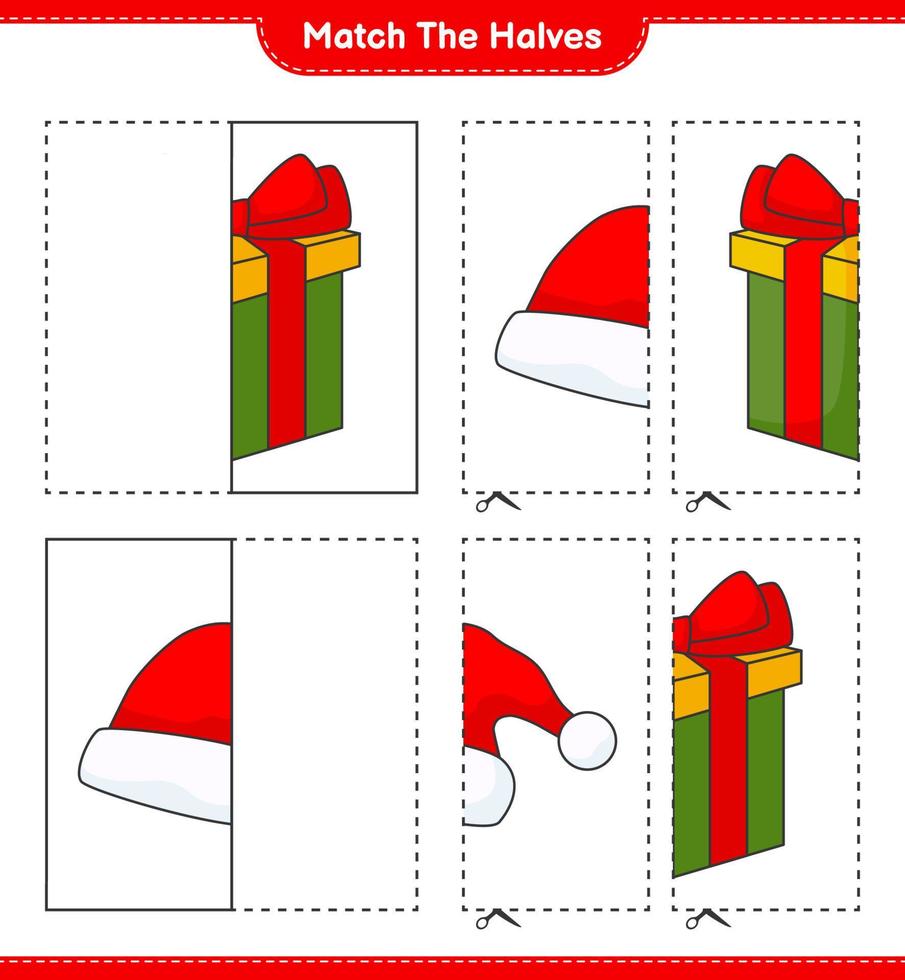 abbinare le metà. abbinare le metà del cappello di Babbo Natale e la confezione regalo. gioco educativo per bambini, foglio di lavoro stampabile, illustrazione vettoriale