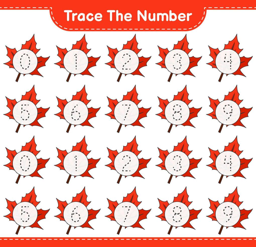 rintracciare il numero. numero di tracciatura con foglia d'acero. gioco educativo per bambini, foglio di lavoro stampabile, illustrazione vettoriale