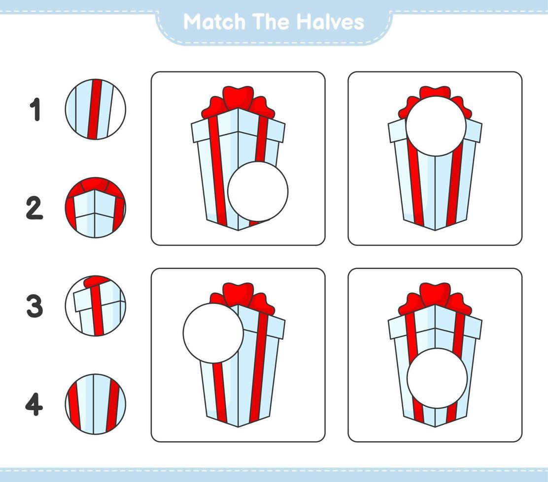 abbinare le metà. abbinare le metà del nastro. gioco educativo per bambini, foglio di lavoro stampabile, illustrazione vettoriale