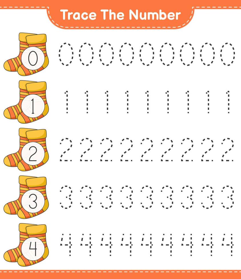 rintracciare il numero. numero di tracciamento con calzini. gioco educativo per bambini, foglio di lavoro stampabile, illustrazione vettoriale